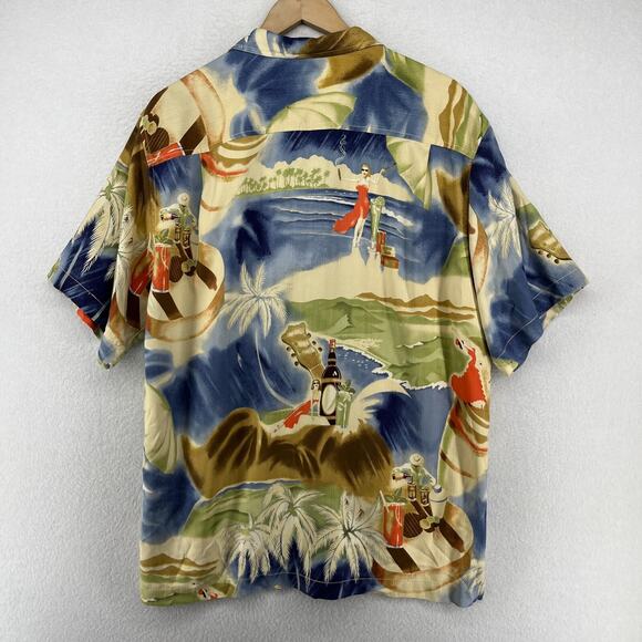 TOMMY BAHAMA Shirt Men L Silk Camp Hawaiian Cocktails Guitar Bartender Camp - Picture 2 of 16